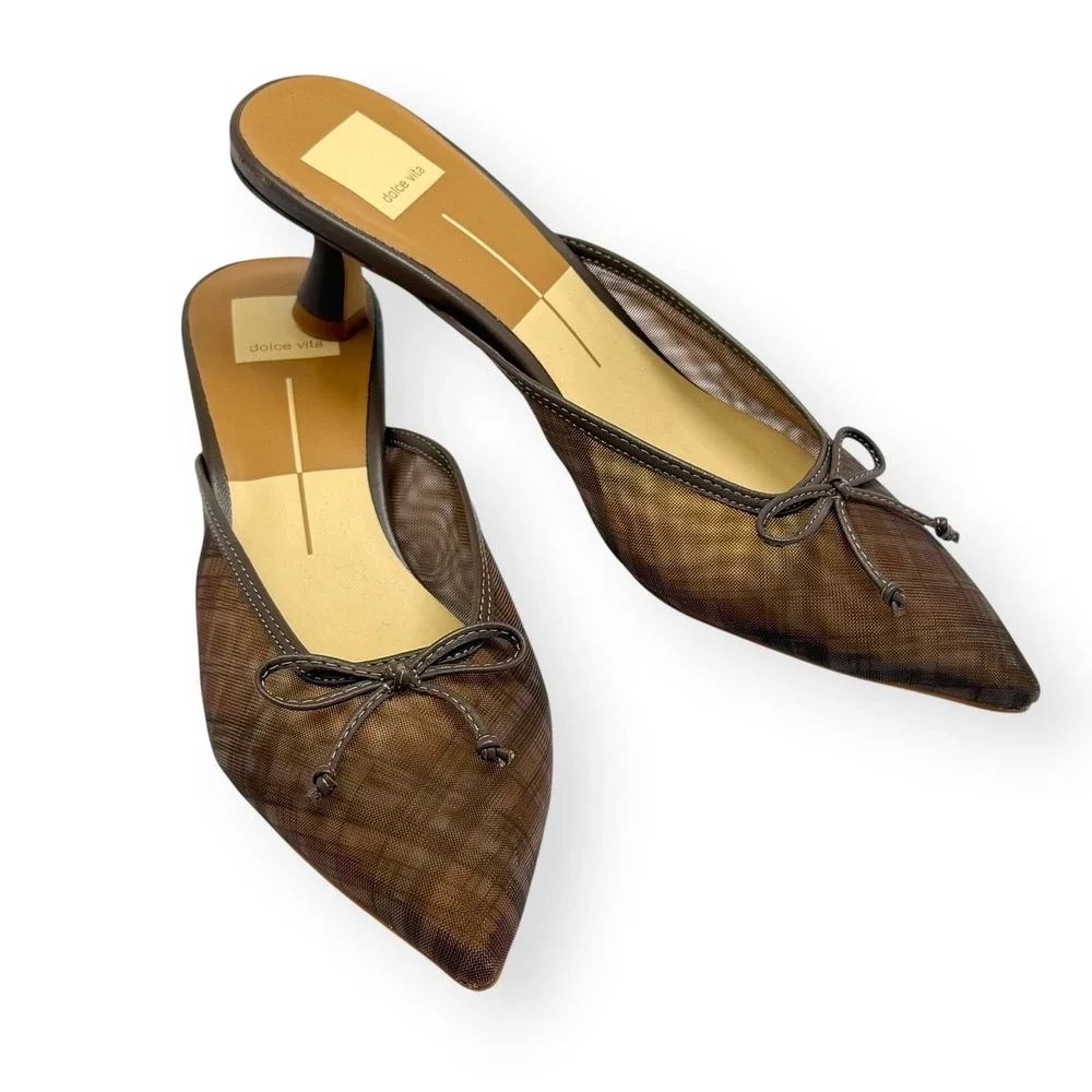 NIB Dolce Vita Cleo Mesh Kitten Heel 7M Cognac/Plaid Bow Academia Anthropologie